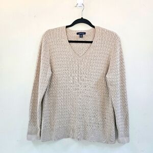 Lands End Women Sz XL/P Tan V-Neck Cable Knit Sweater Tennis Preppy Academia
